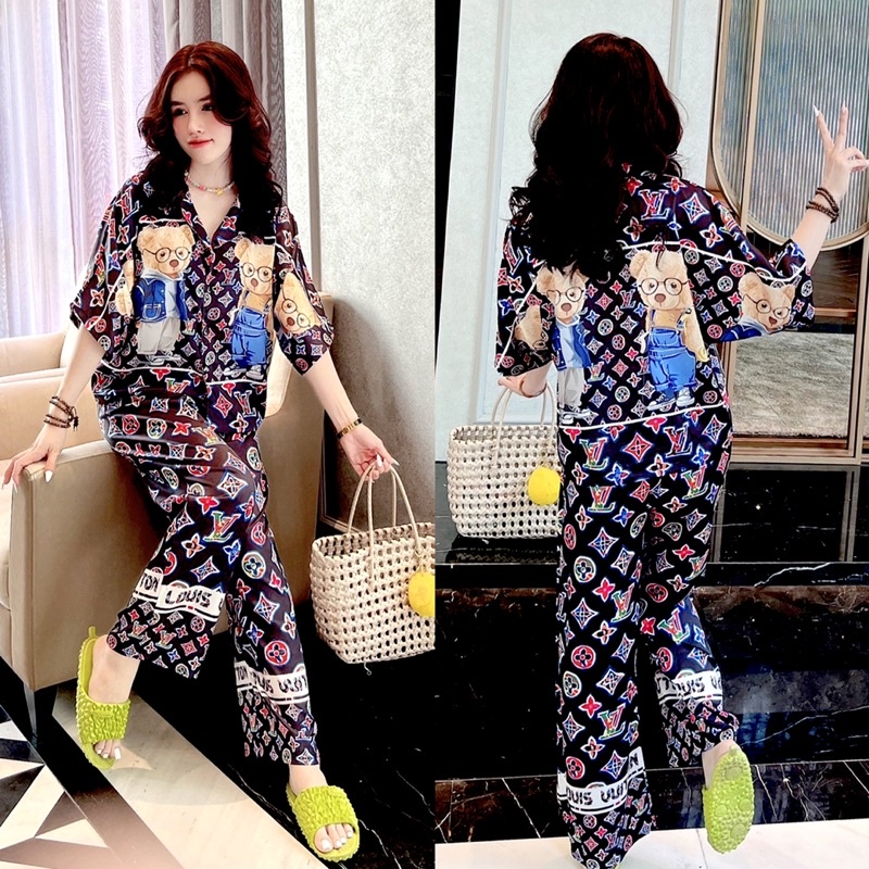 Đồ bộ pijama tay ngắn quần dài LỤA cổ sơmi - cổ tròn tay cánh dơi mặc nhà (dưới 65kg)