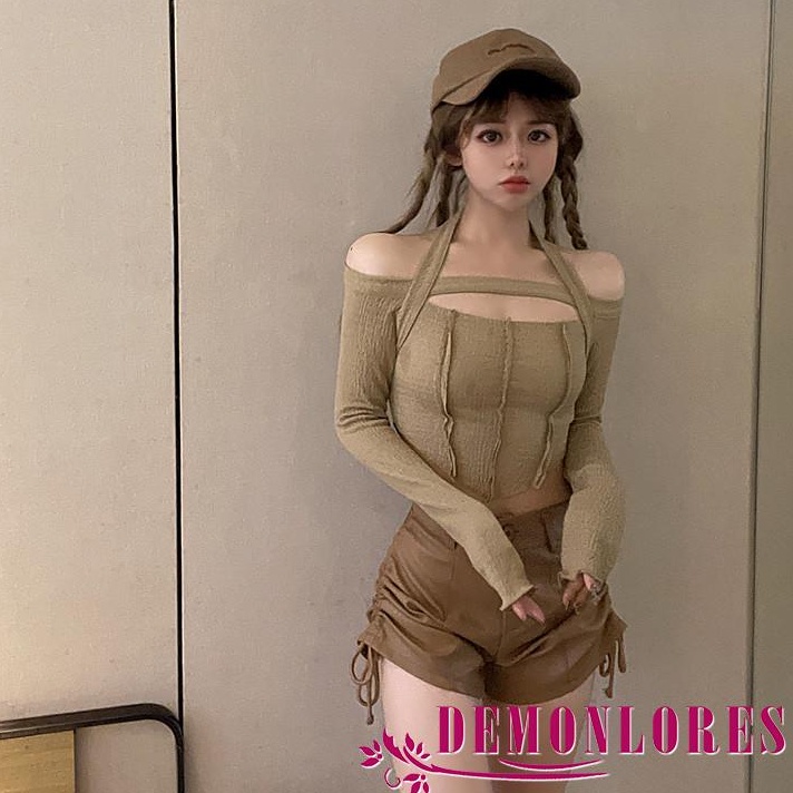 Áo thun hở vai dài tay khoe eo màu trơn quyến rũ thời trang cho nữ