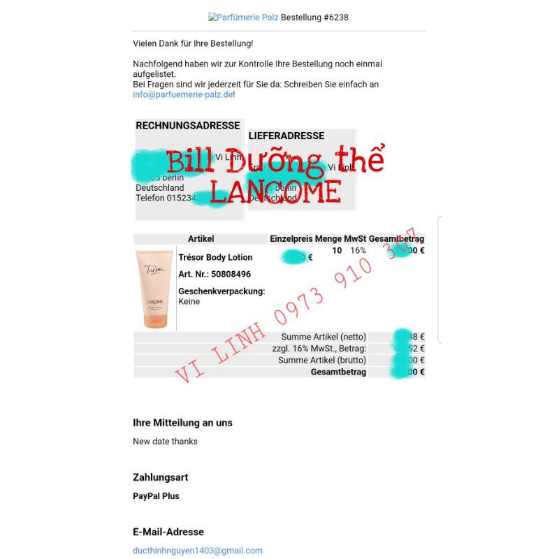 (đủ Bill) Dưỡng Thể Nước Hoa Lancôme Trésor Perfumed Body Lotion 150ML (hàng Đức đủ Bill)