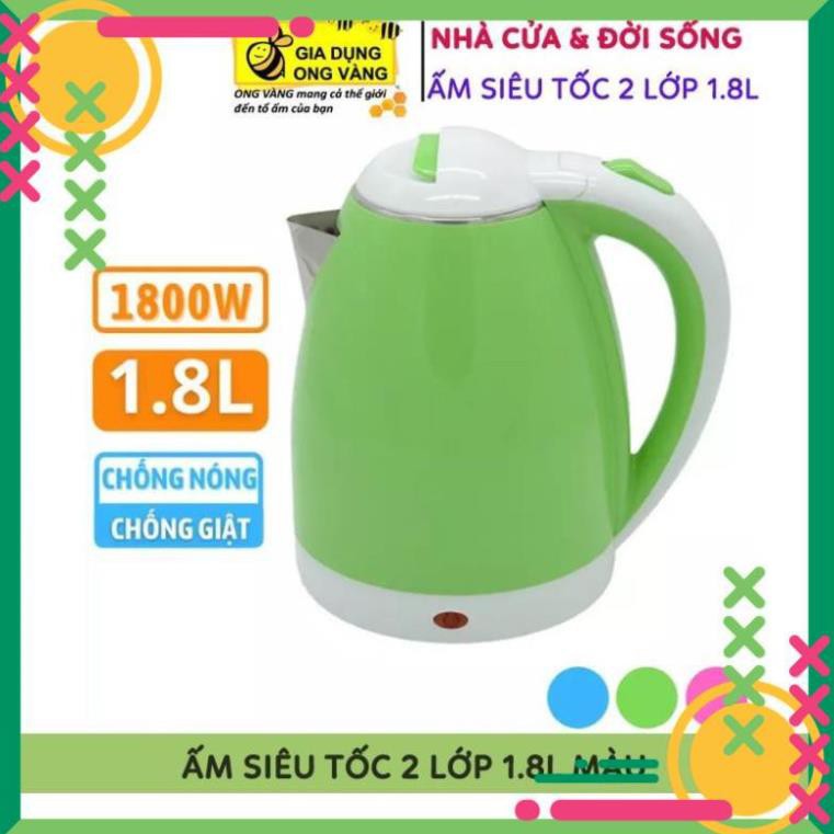 [Giá Gốc] Ấm Siêu Tốc Đun Nước Electric Kettle  Dung Tích 1.8 Lít Loại 2 Lớp Màu, Bảo Hành 6 Tháng Lỗi Đổi Mới