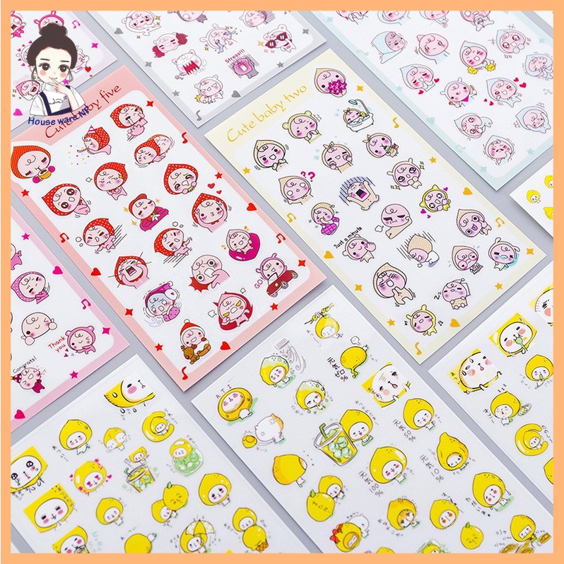 Bộ 6 Sticker bóc dán Cute baby/orance cat/Lemon/ Snail/cá heo/ bigle
