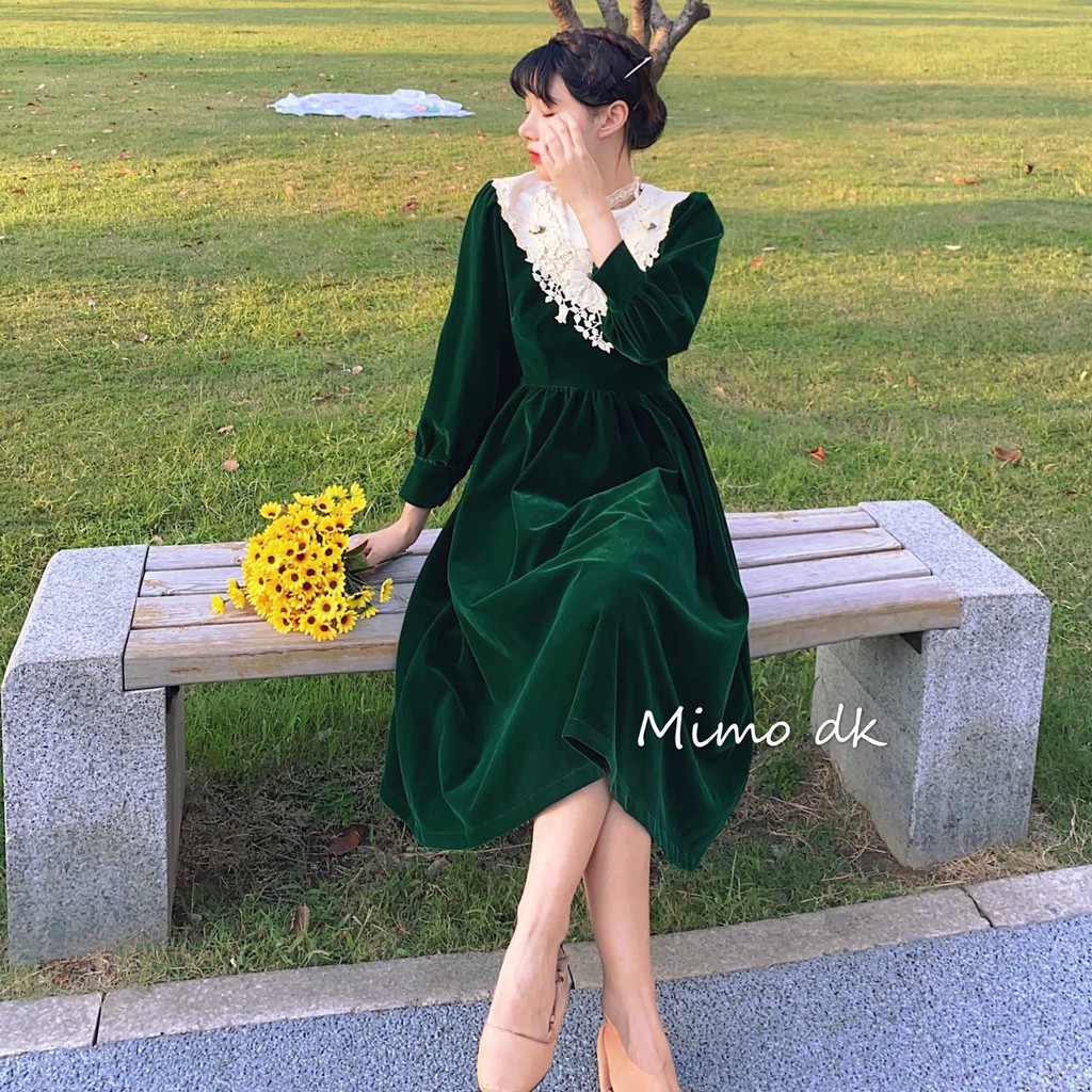 sẵn size M, Mimo Pháp phong cách cung điện cổ điển màu xanh lá cây đậm nhung cổ áo ren váy công chúa