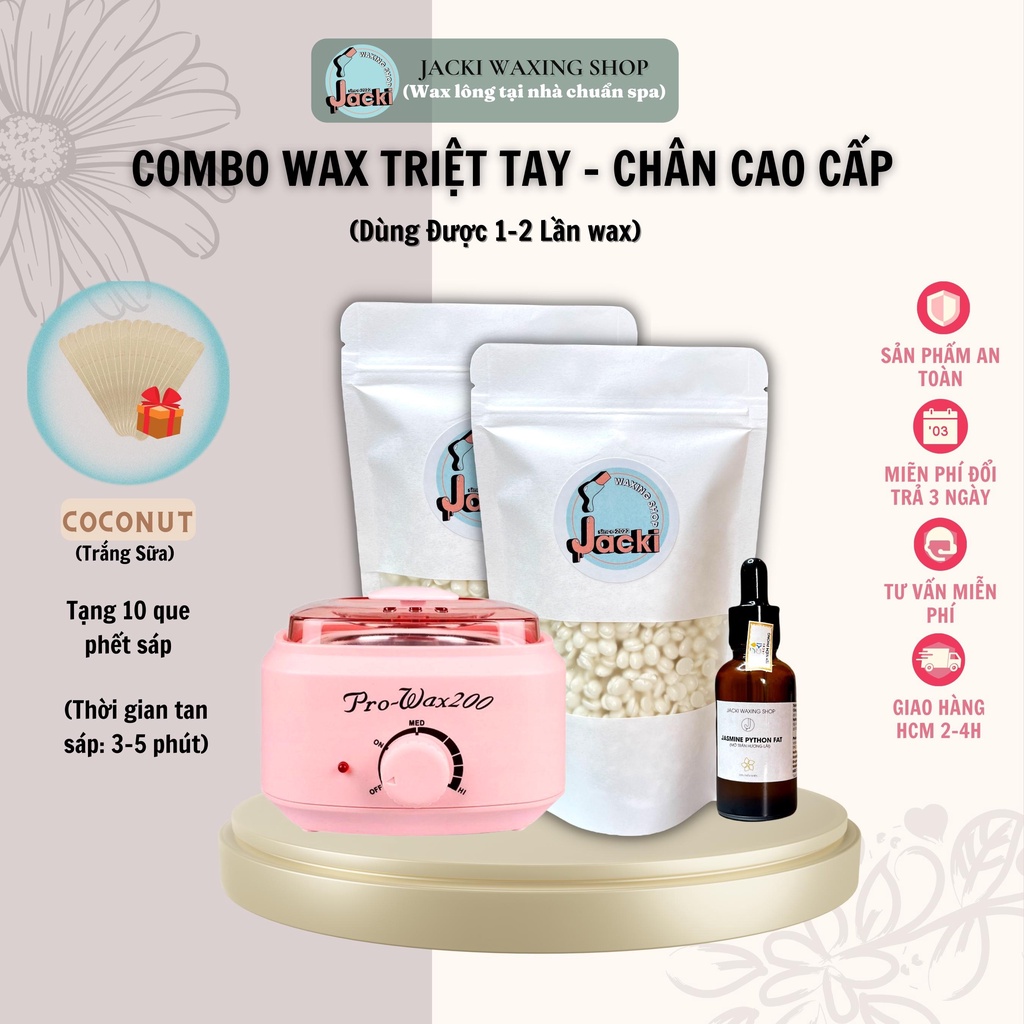 COMBO WAX LÔNG TAY - CHÂN CHUYÊN DỤNG ( 200gr Sáp + 1 Nồi Nấu Sáp + Mỡ Trăn Hương Nhài + Tặng 10 Que Phết Sáp)