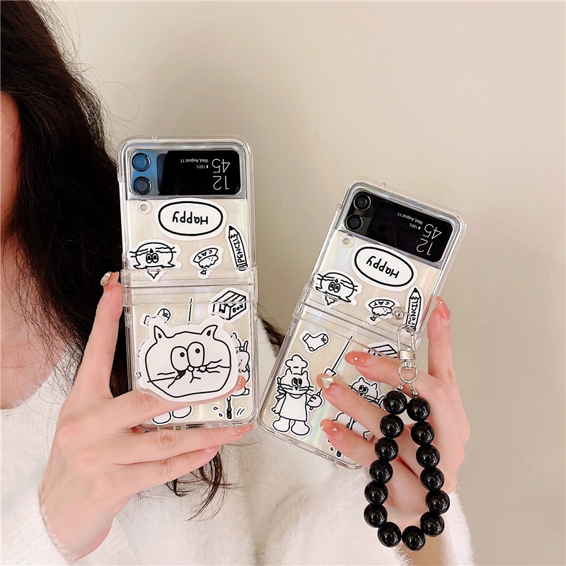 Ốp Điện Thoại PC Cứng Trong Suốt Kèm Vòng Đeo Tay Hình Mèo 3 Trong 1 Cho Samsung Galaxy Z Flip 3 Flip3 5G
