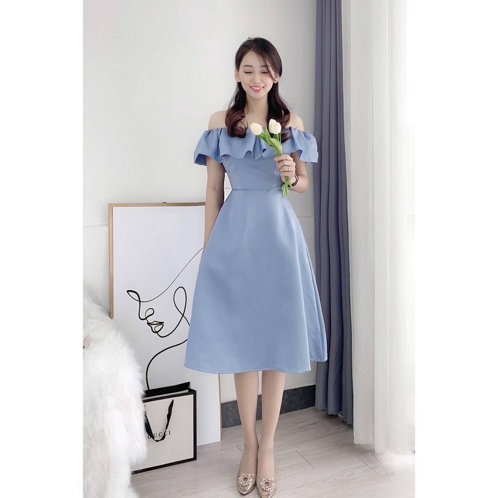 [ẢNH VIDEO THẬT] Đầm Tiểu Thư Cô Dâu, Xòe, bẹp vai, Khoe vai, Tafta, Trắng, Xanh | BigBuy360 - bigbuy360.vn