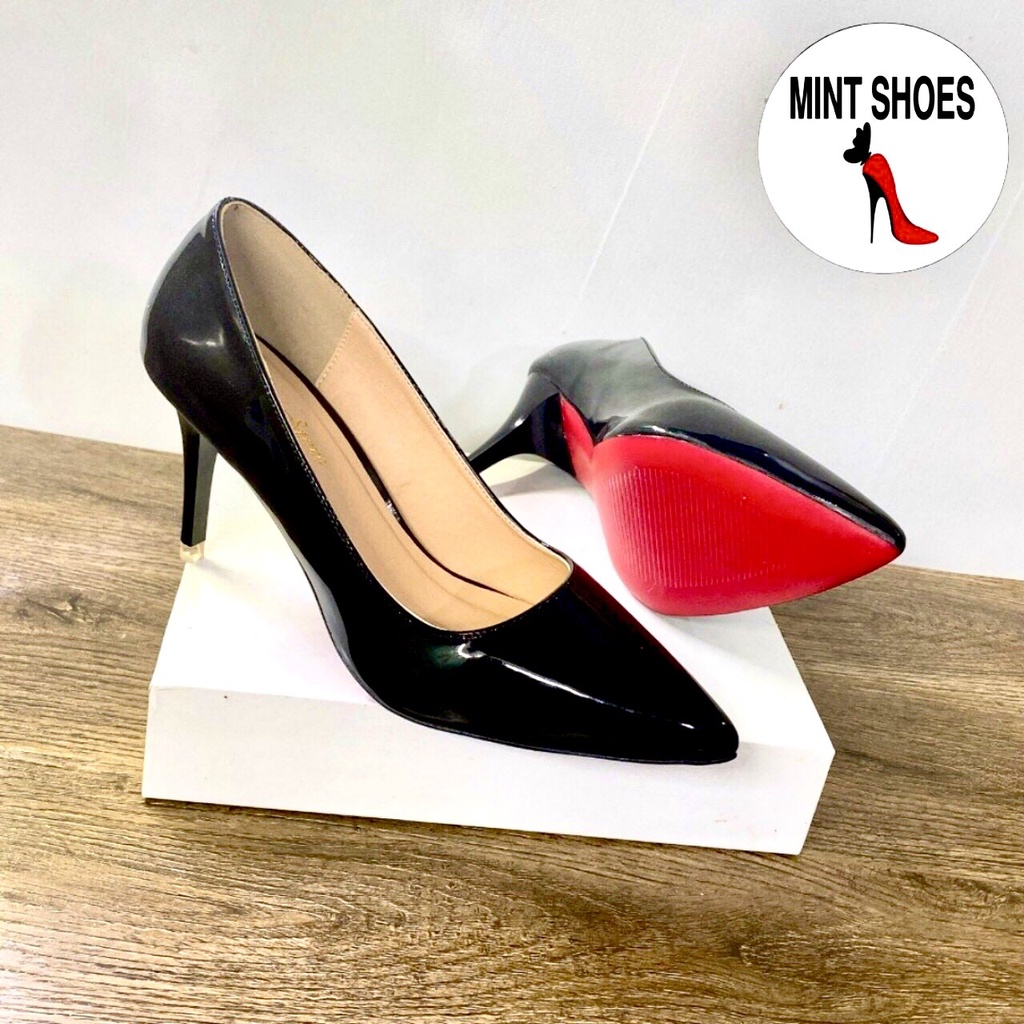 Giày nữ thời trang bít mũi 7p đế pháp đỏ chống trơn trượt, cao gót nữ màu đen size 34-40, VNXK MINT SHOES
