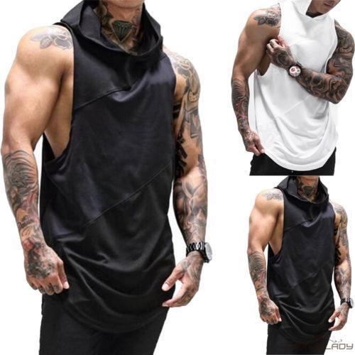 ☛☏❤COOL Men Sports Sleeveless Muscle Fit Hoodies Gym Tank Tops Bodybuilding Tops