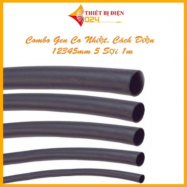 Combo Bộ 5 Ống Gen Co Nhiệt, Cách Điện 1mm, 2mm, 3mm, 4mm, 5mm, Dài 1m Mỗi Sợi - Màu đen