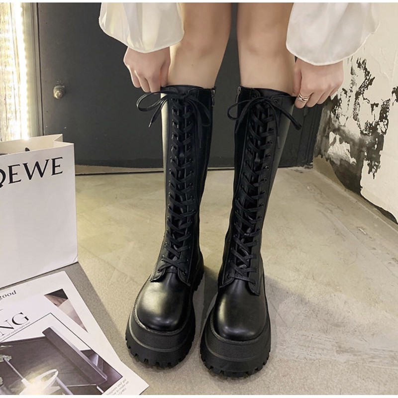 sẵn: BOOT DA độn| giày da đen cao cổ / giày ulzzang ĐẾ DÀY