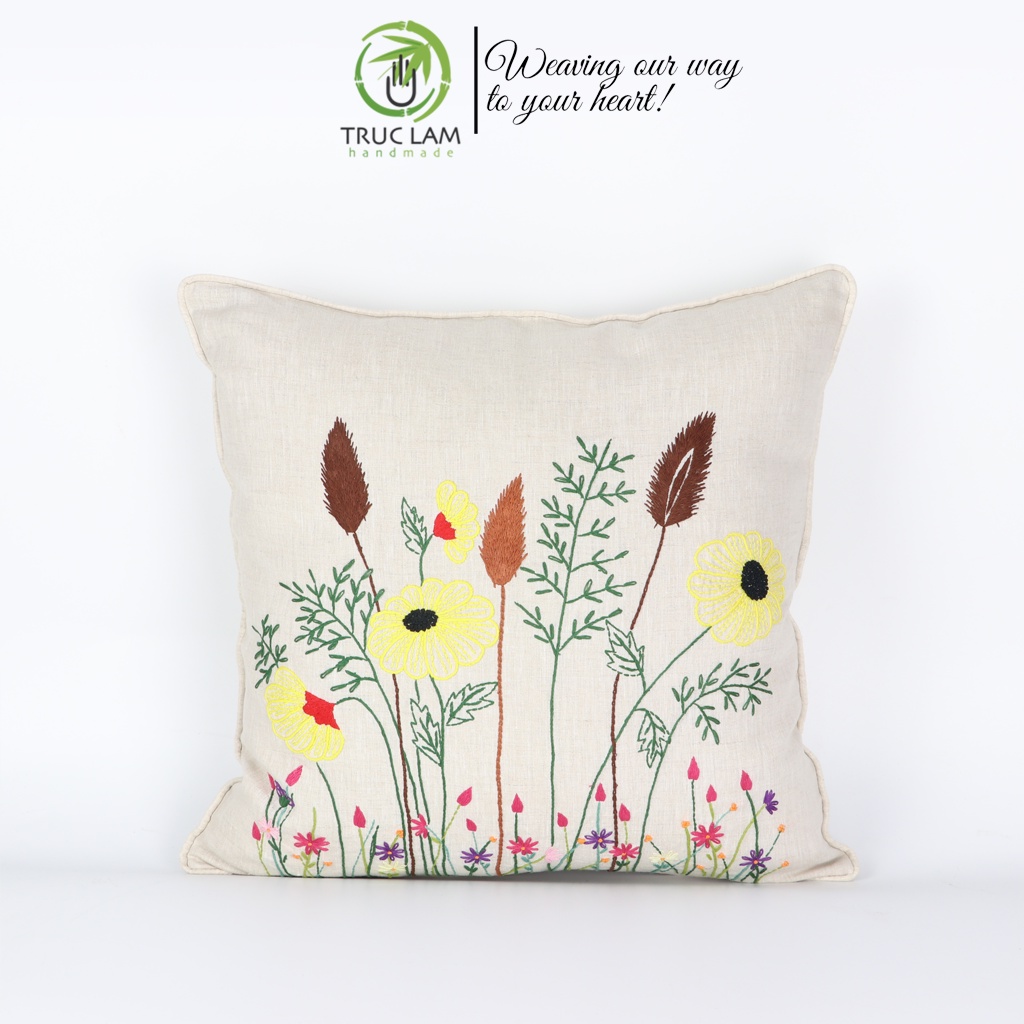 Gối/Vỏ Gối Vuông Tựa Lưng Sofa (45x45) Trang Trí Phòng Vải Linen Thêu Thủ Công Cánh Đồng Hoa Vàng – Trúc Lâm Handmade