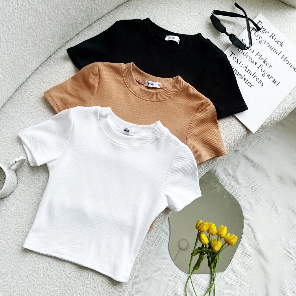 Áo croptop nữ body trơn ngắn tay TOPTIFY chất thun gân form basic AC04