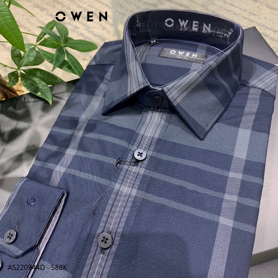 Áo Sơ Mi Nam Dài Tay OWEN AS220944D Somi Công Sở Vải Sợi Tre Cao Cấp Kẻ caro lớn ghi đen Dáng Slim Fit Tà Lượn Không Túi