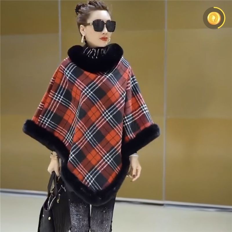 Áo Choàng Len Cashmere Dày Dáng Dài Họa Tiết Da Báo Phối Cổ Lông Cá Tính