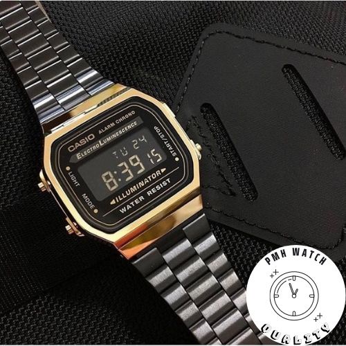 Đồng hồ đeo tay nam , đồng hồ unisex thể thao A168 màu đen vàng cổ điển kích thước 38×36×9mm | BigBuy360 - bigbuy360.vn