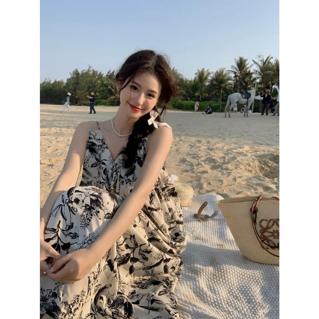 Đầm nữ hai dây phá cách dáng maxi họa tiết đen trắng siêu ưng - V36