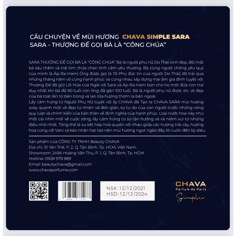 Nước hoa CHAVA SARA 12ml chính hãng dành cho Nữ - theo Tiêu Chuẩn Pháp