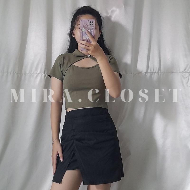 Áo Croptop Tay Ngắn MIRA.CLOSET Cổ Bẻ Khoét Ngực Ôm Dáng A5149