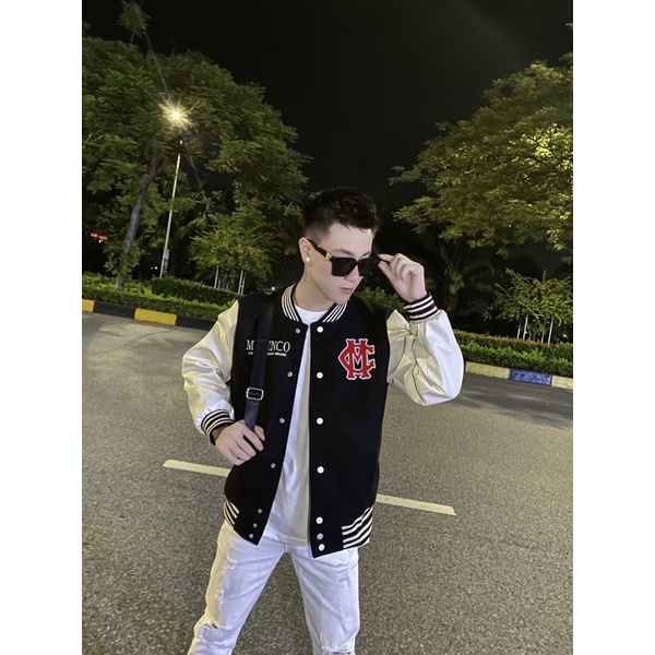 Áo khoác bomber Mikenco nam nữ thêu logo chữ Party Lover bông xù hai mặt phối tay da trắng bo chun 2 lớp