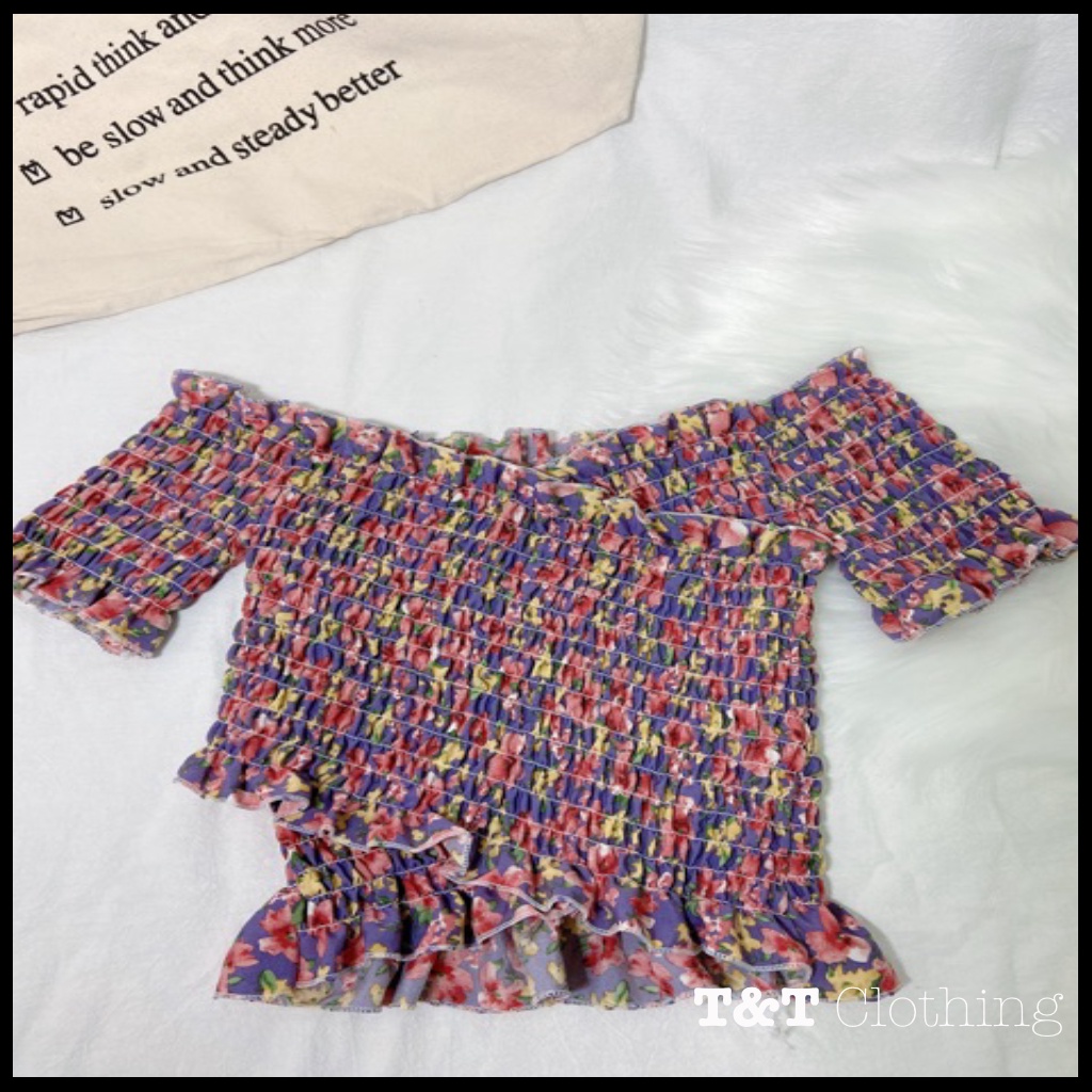 Áo croptop hoa nhún tay ngắn đắp chéo | Áo kiểu nữ Châu Âu 💃By 23t.shop | BigBuy360 - bigbuy360.vn
