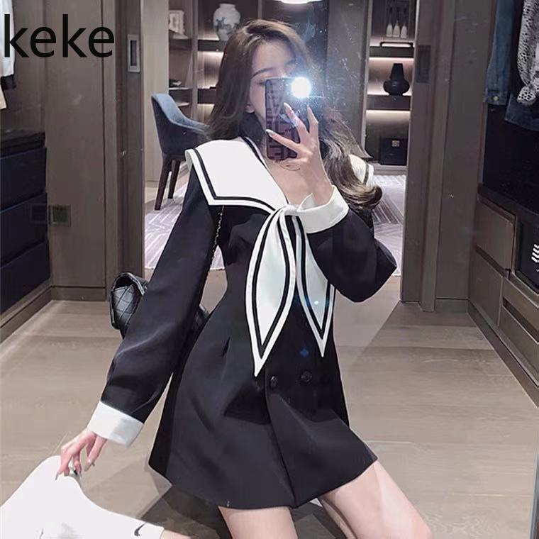 Đầm Dài Tay Cổ Thủy Thủ Plus Size Phong Cách Hàn Quốc Cho Nữ