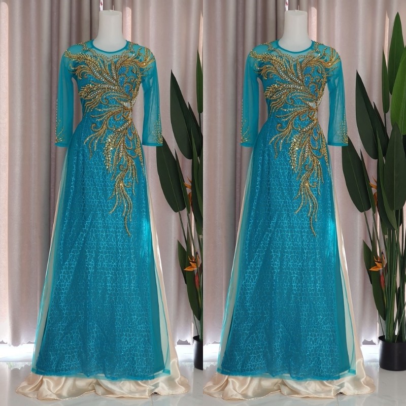 Áo Dài Cho Mẹ Cô Dâu - Áo Dài Sui Màu Xanh Ngọc Kết Kim Sa Sang Trọng ADM012