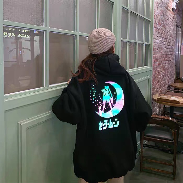 Áo hoodie nỉ form rộng unisex phản quang Thuỷ Thủ Mặt Trăng nam nữ ulzzang Wind