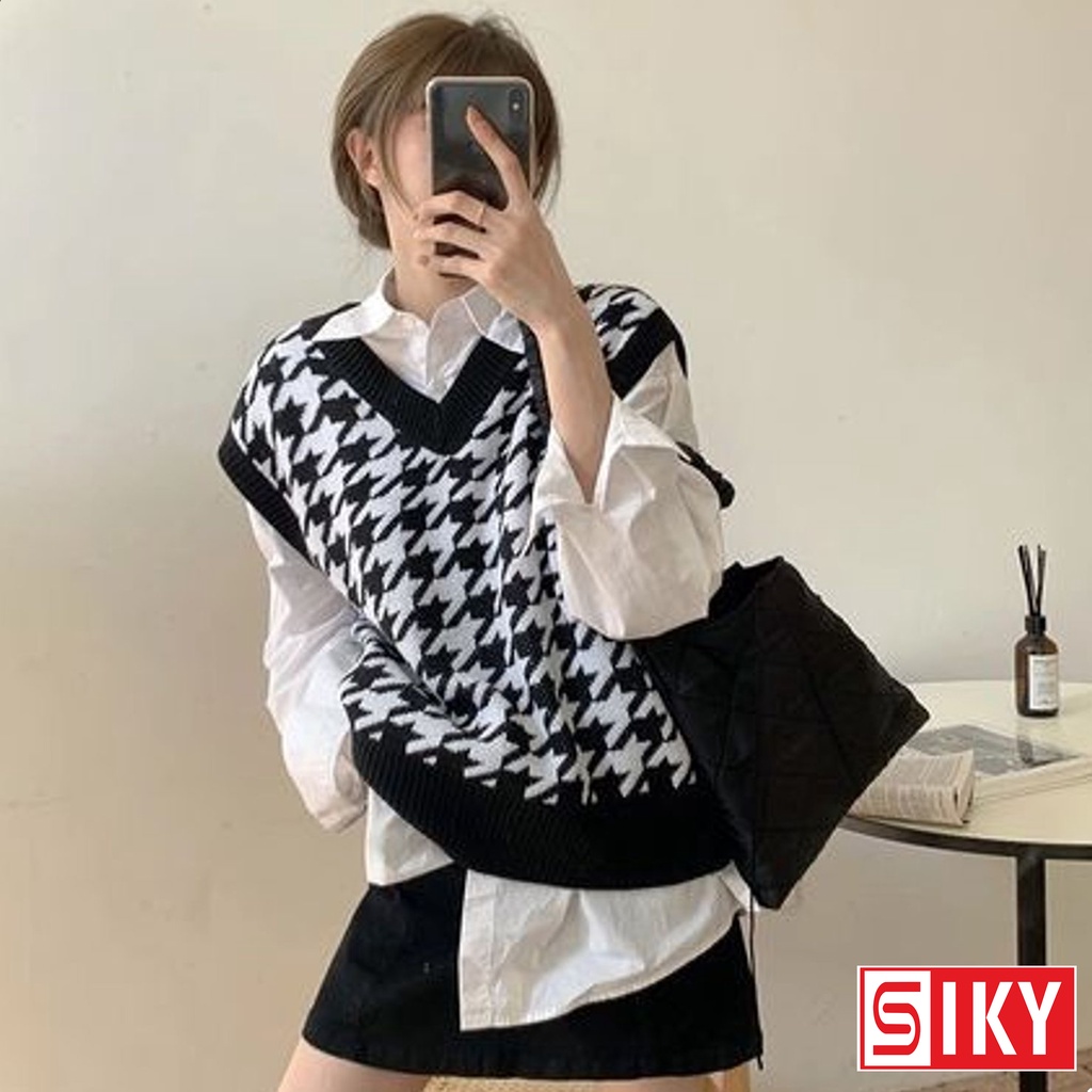 Áo gile nữ SLIKY chất len dày họa tiết ziczac phối đen trắng - GL07