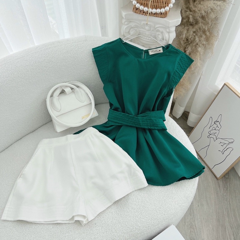 SET ÁO PELUM XANH THẮT EO + SHORT TRẮNG