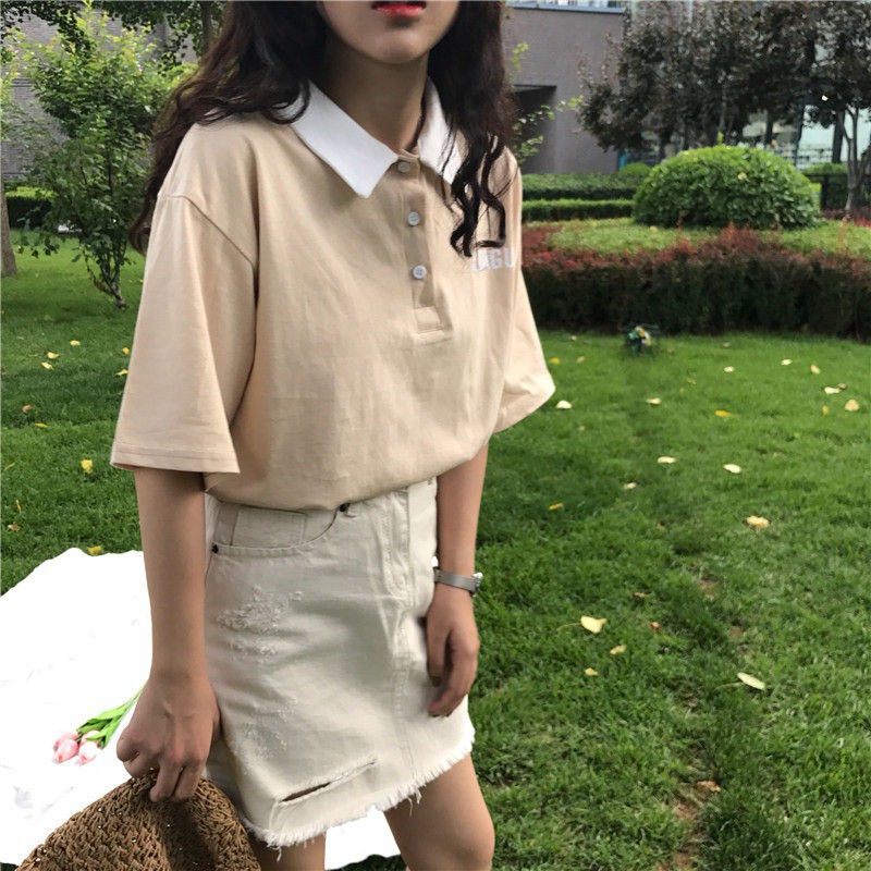 FREESHIP ĐƠN 99K_ Women's Turn-down Collar Letter Print Short Sleeve Loose Polo Shirt