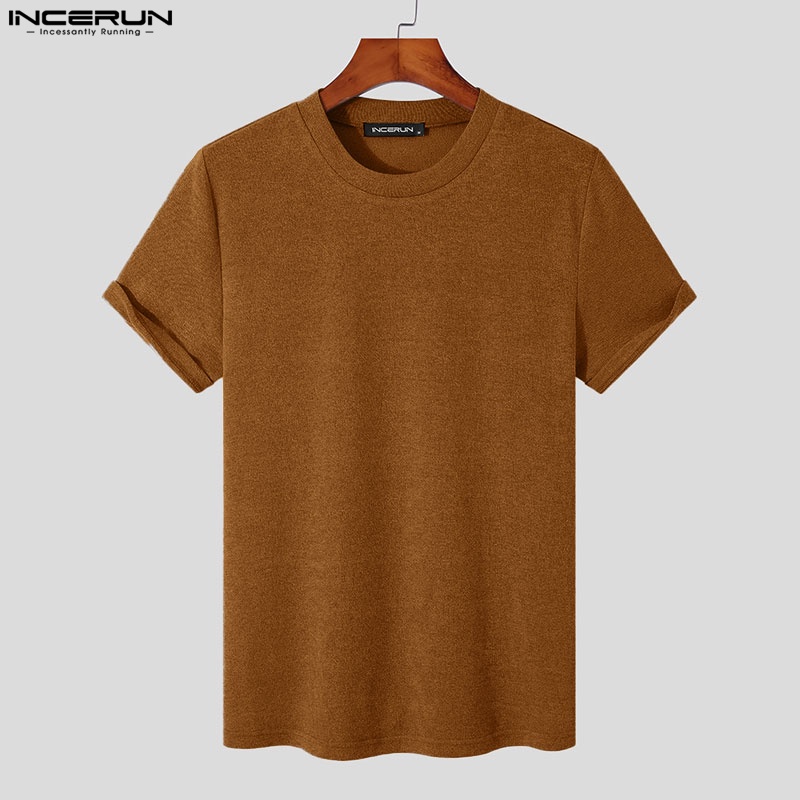 Áo thun tay ngắn cổ tròn INCERUN 4 màu thiết kế đơn giản cho nam
