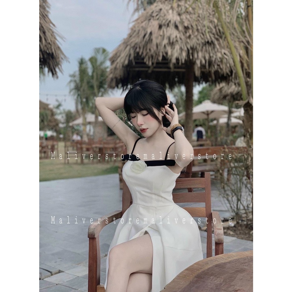Đầm váy nữ trắng phối đen ( có mút ngực , có phụ kiện ) thời trang mang phong cách thanh lịch trẻ trung dự tiệc