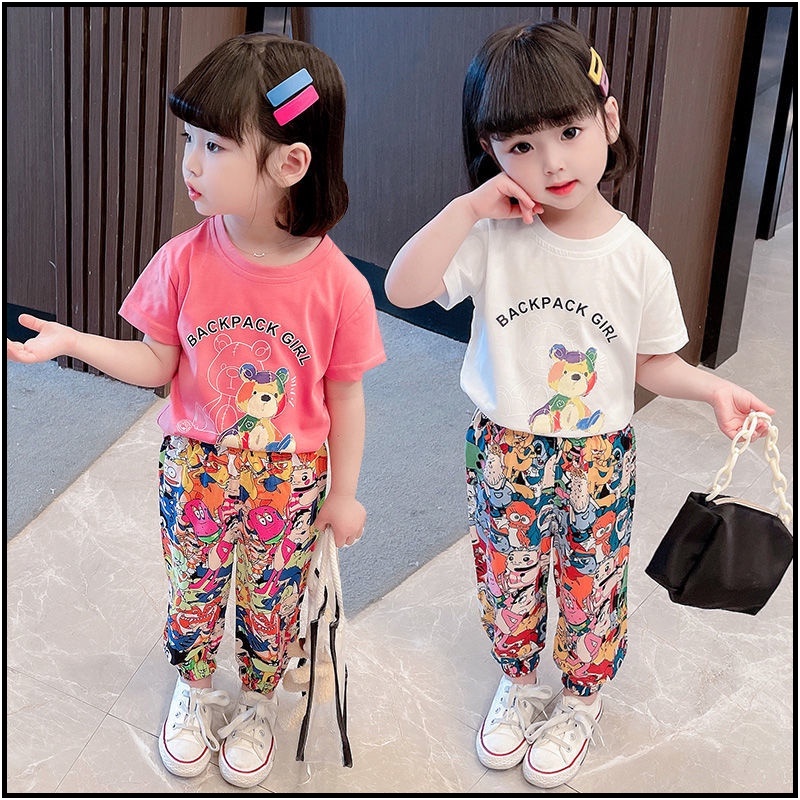 Set Áo Thun Tay Ngắn In Họa Tiết Hoạt Hình Và Quần Dài Thời Trang Mùa Hè Cho Bé Gái