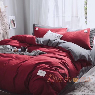 Bộ Chăn Ga Gối Cotton Tici Vải Siêu Mịn Màu Đỏ Phối Xám