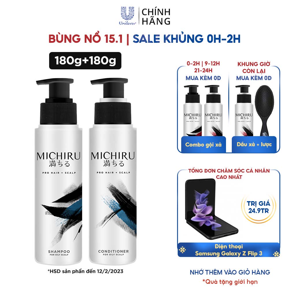 Bộ dầu gội đầu và dầu xả tóc MICHIRU ngăn rụng tóc cho tóc dầu Ngăn rụng tóc đến 95% (Gội 180gr + Xả 180gr)