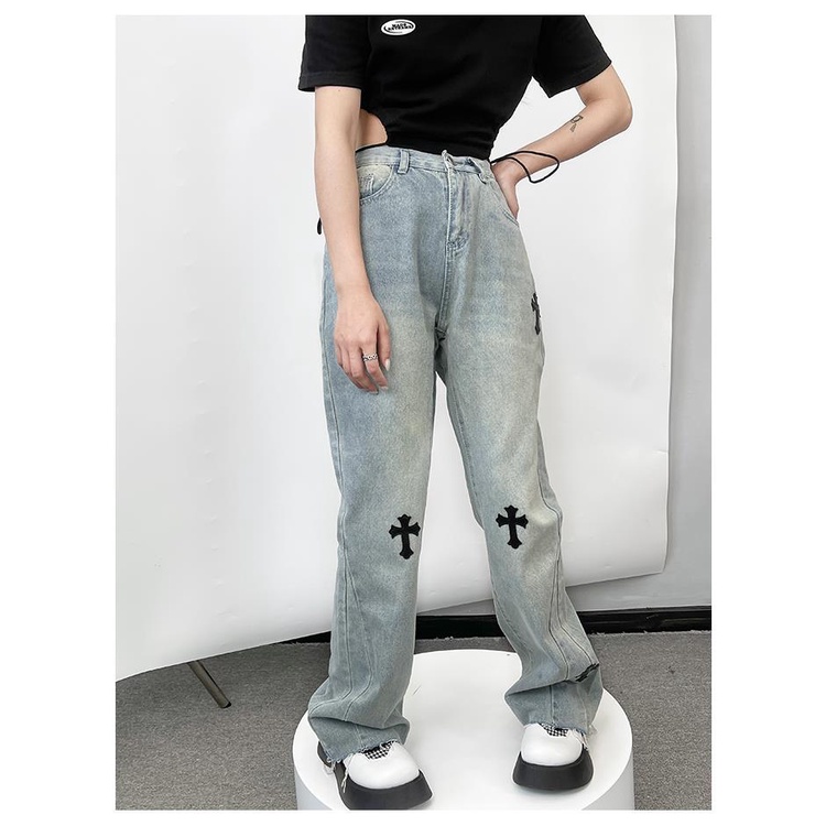 Honypove Quần Jeans Nữ Ống Rộng Lưng Cao Thêu Hoa