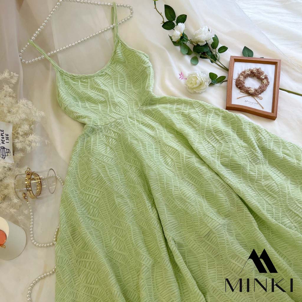 ĐẦM DÂY HỞ LƯNG BÁNH BÈO - CHẤT LIỆU REN GÂN NỔI CAO CẤP - MÀU TRẮNG / XANH BIỂN / XANH LÁ