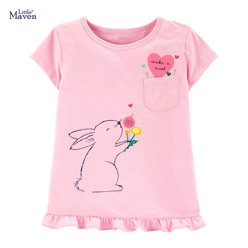 Little Maven áo phông cộc tay bé gái mùa hè bèo gấu cổ tròn màu hồng hoạt tiết thỏ siêu xinh