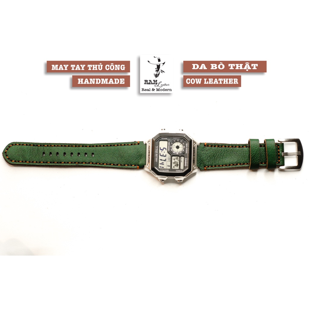 Dây Casio AE 1200 da bò xanh rêu RAM Leather 1984 - tặng khóa chốt và cây thay dây