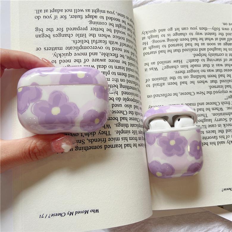 Vỏ cứng bảo vệ hộp sạc tai nghe bluetooth không dây họa tiết hoa tím thích hợp cho Apple 1/2/3