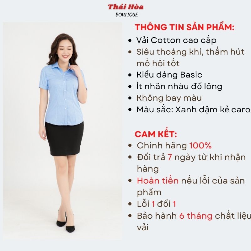 Áo sơ mi nữ công sở ngắn tay đẹp kiểu kẻ caro xanh dương đậm cotton Thái Hoà N65-15-01