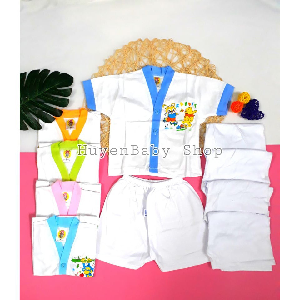 (Free ship) Set 5 bộ quần áo sơ sinh tay ngắn màu trắng Hello Baby cho bé từ 3-11,3kg loại đẹp