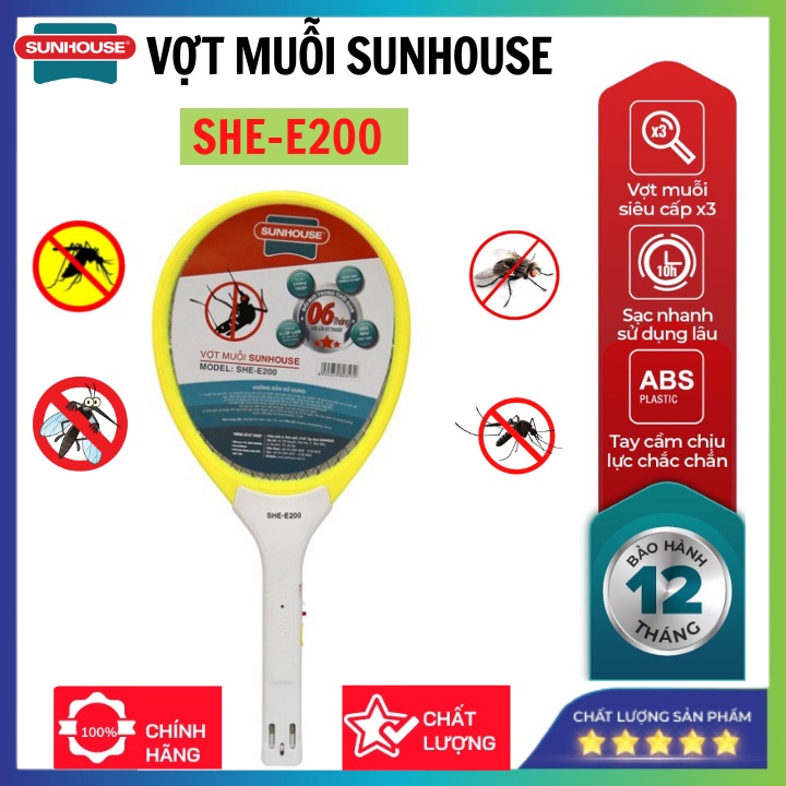 Vợt Muỗi SUNHOUSE SHE-E200 - Tích hợp đèn báo sạc tiện dụng, nhựa ABS chịu va đập mạnh