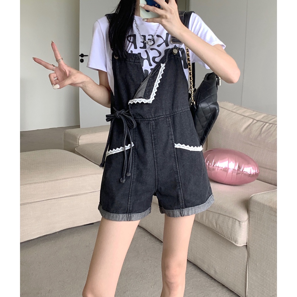 Quần Short Yếm Jean Màu Đen Thời Trang Mùa Hè 2022