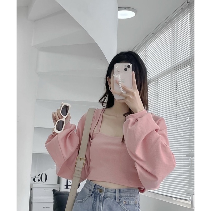 SET ÁO CROPTOP BARBIE TOP gồm áo khoác ngoài tay dài và áo 2 dây trong