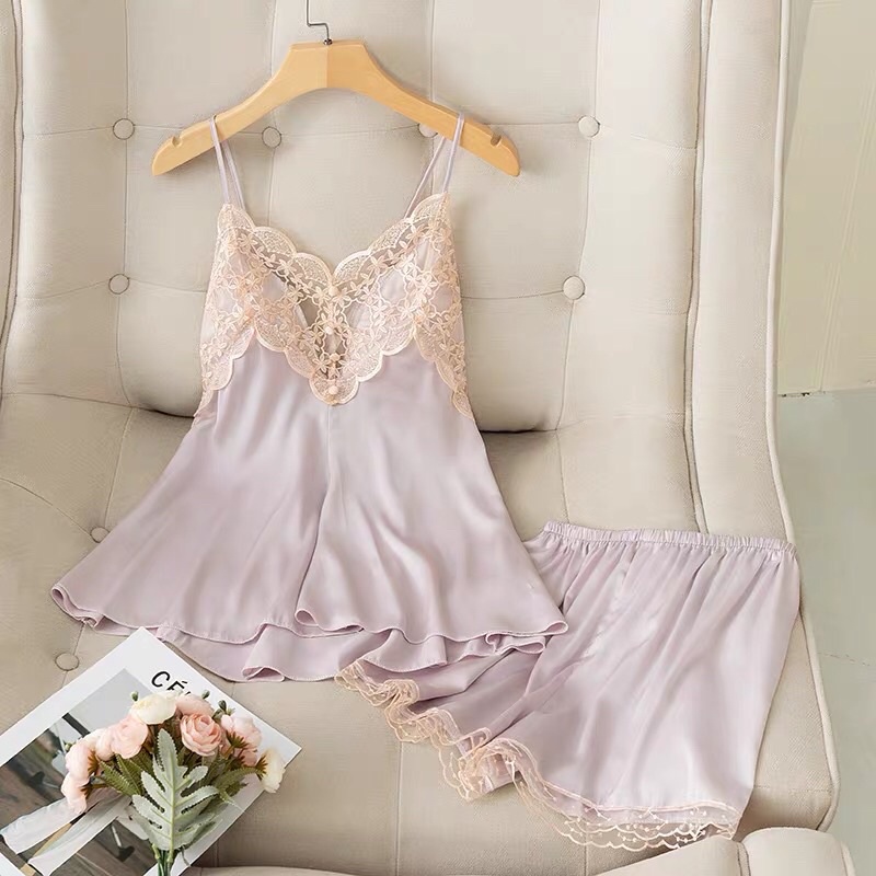Sét bộ ngủ hai dây lụa ren ngực kèm mút ngực   cao cáp Bộ mặc nhà gợi cảm quyến rũ hàng sẵn sll M624