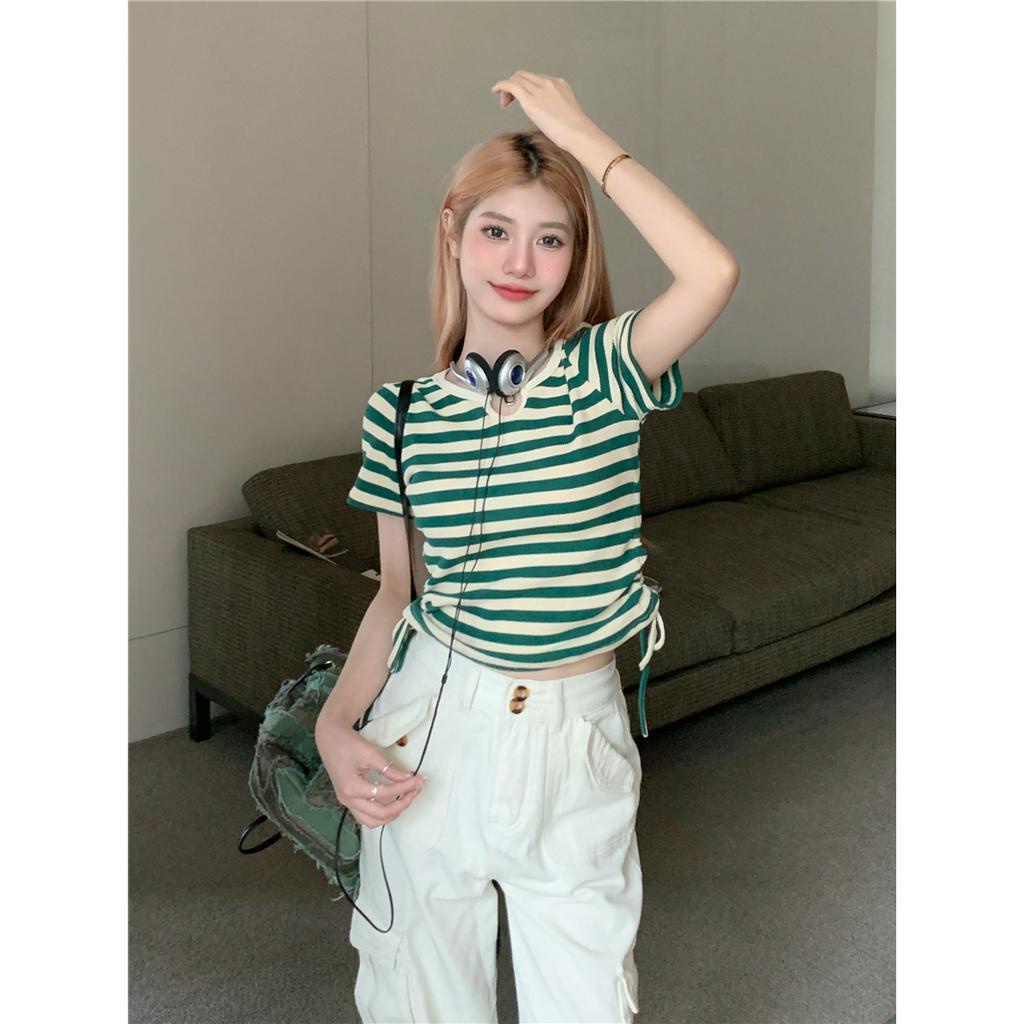 ZHELIHANGFEI Áo Sweater Dáng Ôm Lưng Cao Kẻ Sọc Phối Dây Rút Cá Tính Cho Nữ