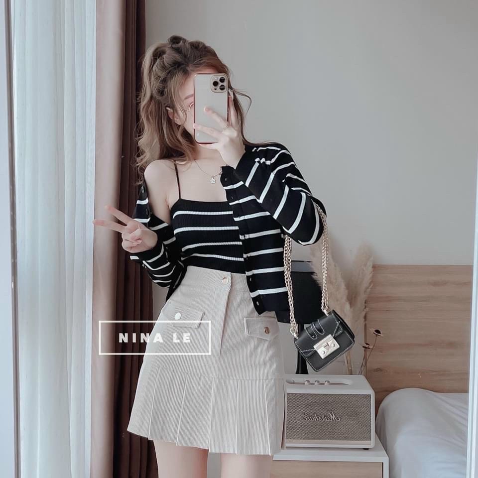 Sét Bộ Nữ Ba Món Bao Gồm Chân Váy, Áo Hai Dây ,Áo Khoác Lững Siêu Xinh Siêu Sành Điệu