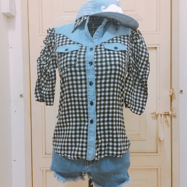 Thanh lý áo sơ mi caro phối denim tay dúng bèo siêu xinh