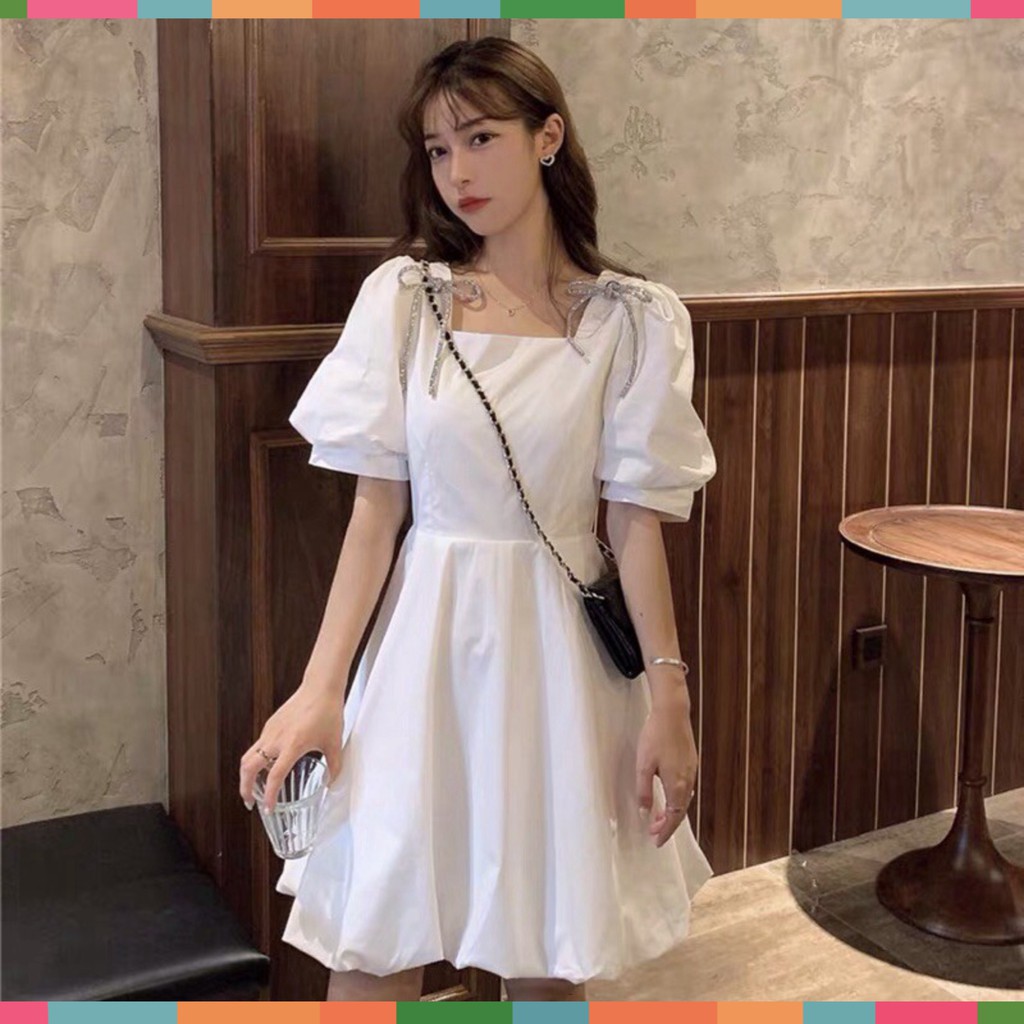 Đầm Nữ Ngắn Tay Bồng Nơ Cài Vai Hai Màu Siêu Xinh Nơ Vai ️🎶 Váy Nữ Dáng Xòe Cổ Vuông Đáng Yêu | BigBuy360 - bigbuy360.vn