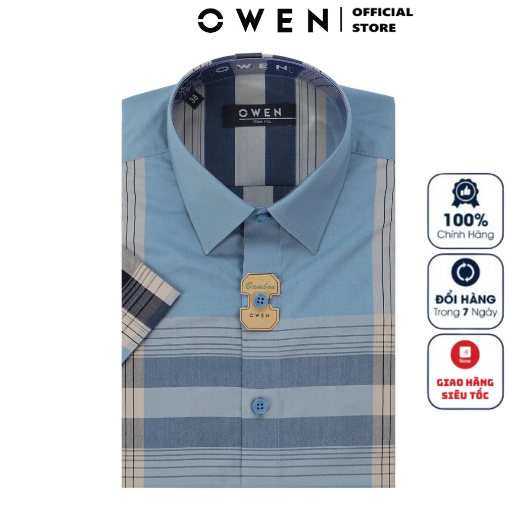 Áo Sơ Mi Nam Ngắn Tay OWEN AS220026N Somi Công Sở Cao Cấp Màu xanh be navy Caro lớn Vải Sợi Tre Dáng Slim Fit Không Túi